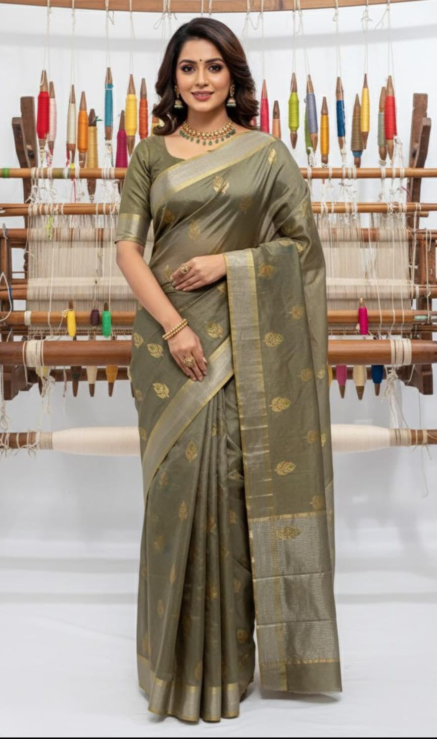 Olive Green Chanderi Handloom Pattu Silk Meenakari Saree