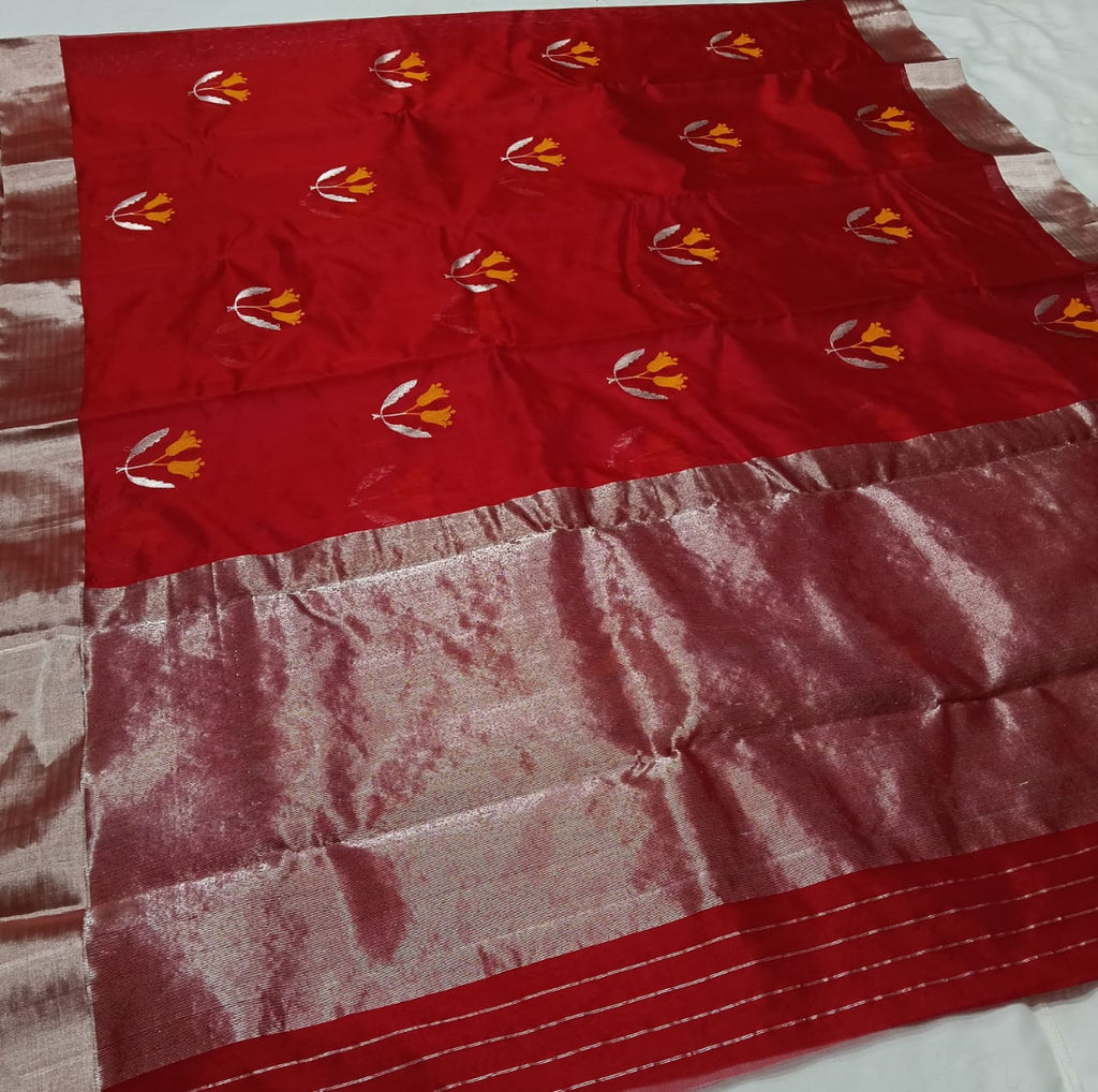 Red Chanderi Handloom Pattu Silk Eknal Buttas Meenakari Saree