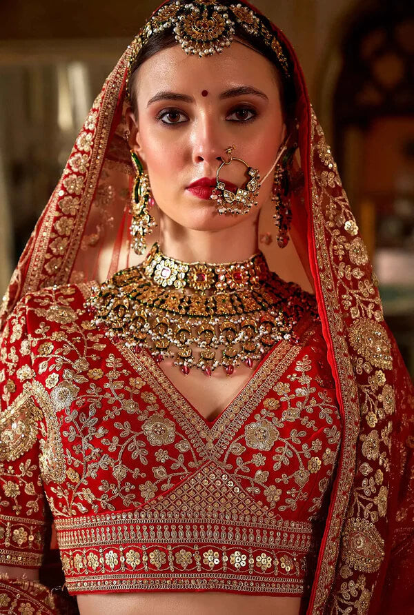 Designer Red Lehenga Choli with Pearl Embellishments