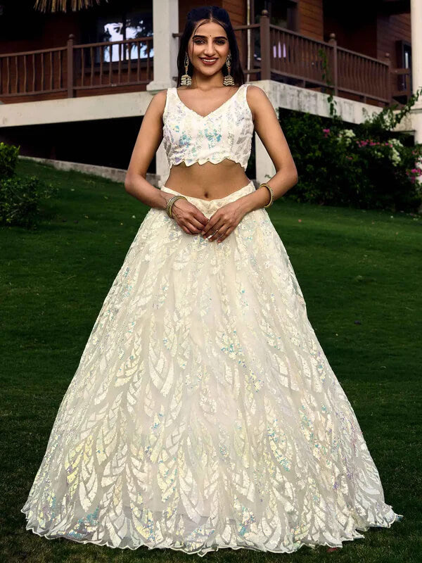 White Soft Net Lehenga with Sequins & Thread Work