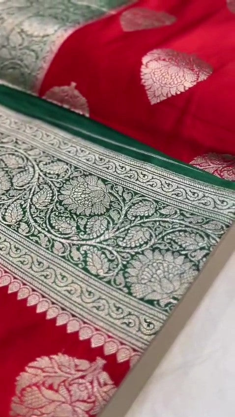 Red Banarasi Mashru Soft Silk Saree