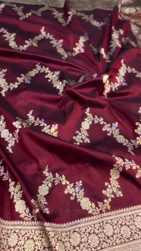 Maroon Banarasi Handloom Katan Silk Kaduwa Meenakari Saree