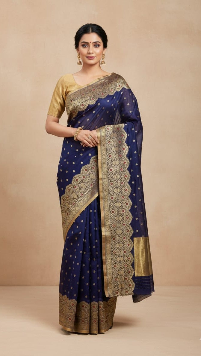 Royal Blue Chanderi Handloom Pattu Silk Handwork Saree
