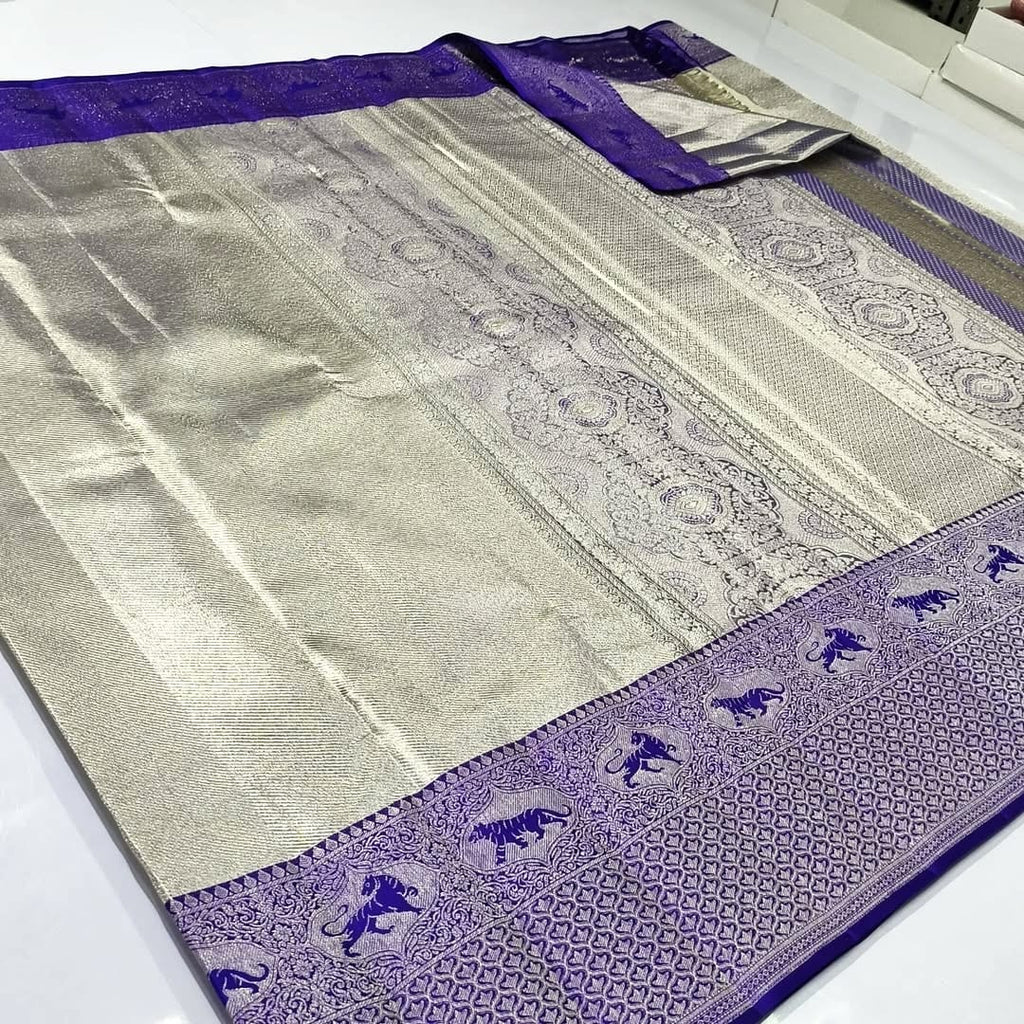 Ivory Kanchipuram Handloom Tissue Brocade Meenakari Silk Saree