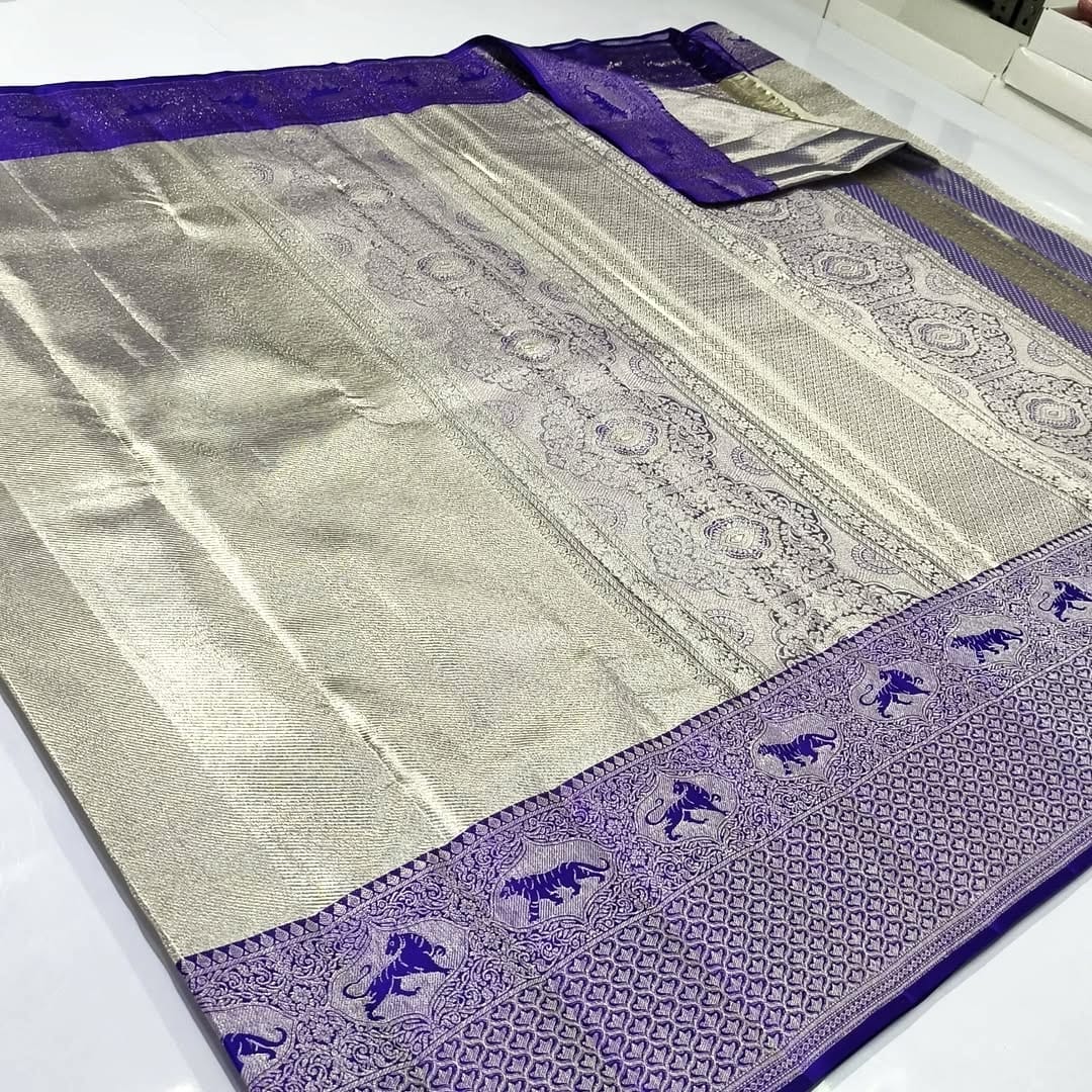 Ivory Kanchipuram Handloom Tissue Brocade Meenakari Silk Saree