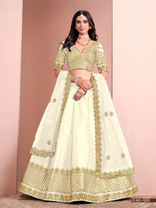 Off White Art Silk Lehenga with Paper Mirror & Embroidery
