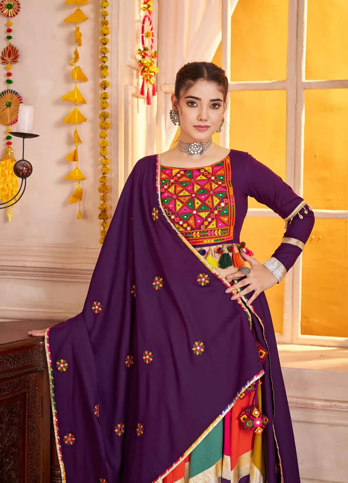 Purple Multi Color Mirror & Thread Work Navratri Lehenga