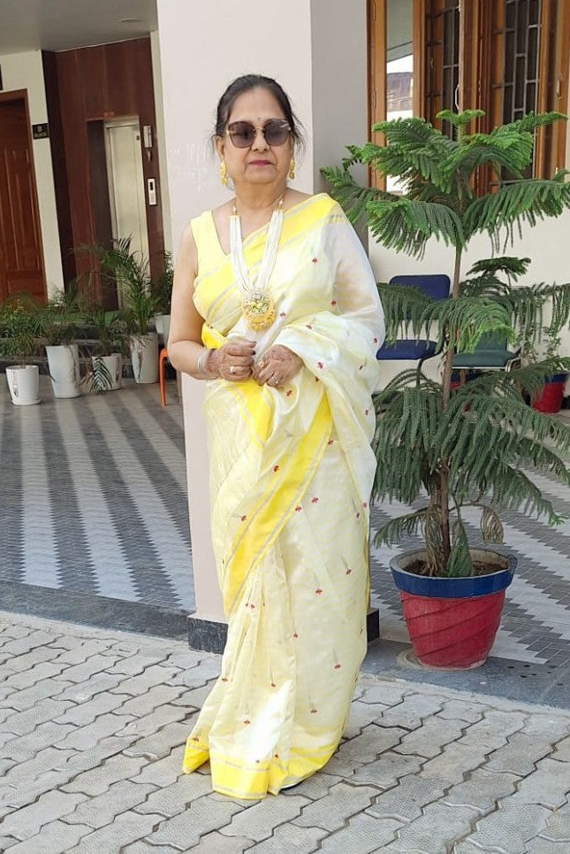 Lemon Chanderi Handloom Pattu Silk Eknal Buttas Saree