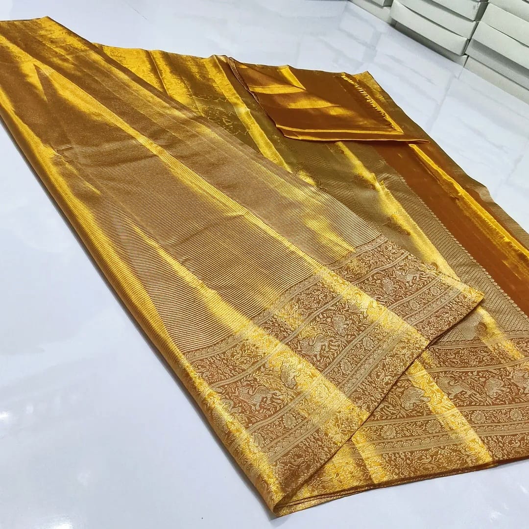 Guld Kanchipuram Håndvævet Brokade Silke Brudesari