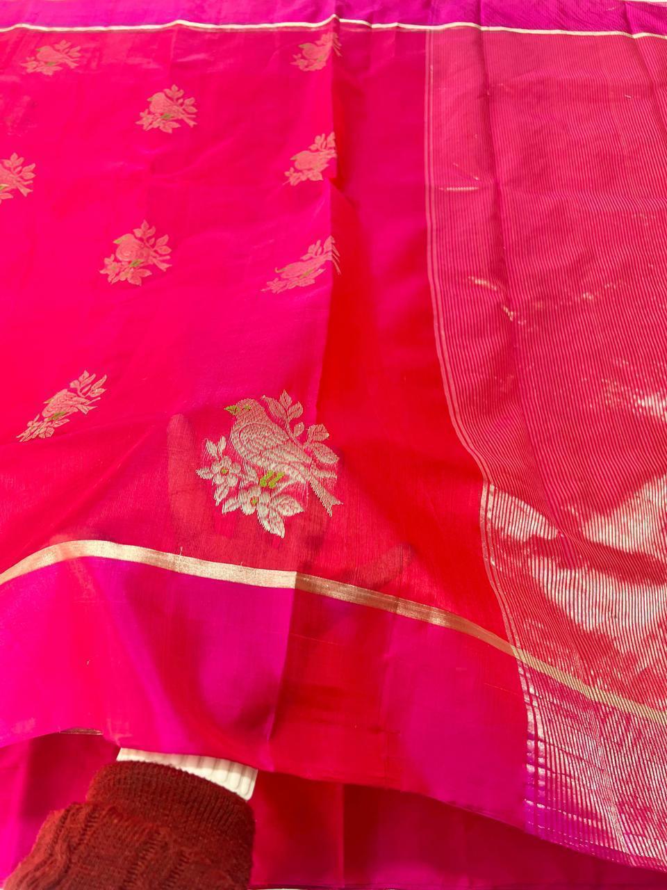 Red Chanderi Handloom Pattu Silk Eknal Buttas Saree
