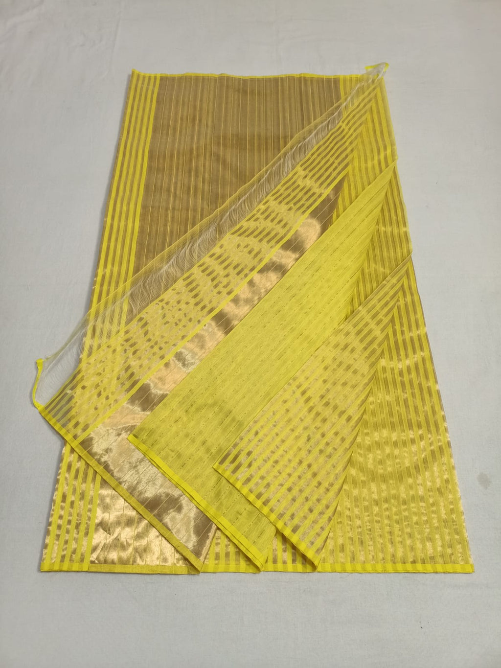 Golden Yellow Chanderi Handloom Cotton Silk Striped Saree