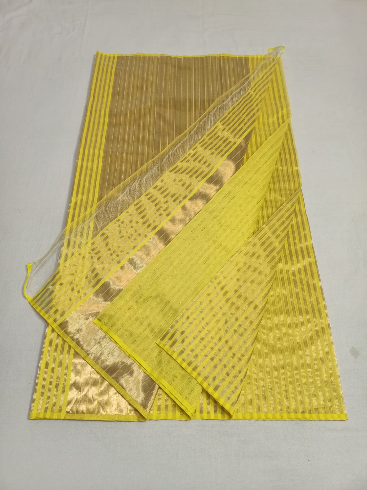Golden Yellow Chanderi Handloom Cotton Silk Striped Saree