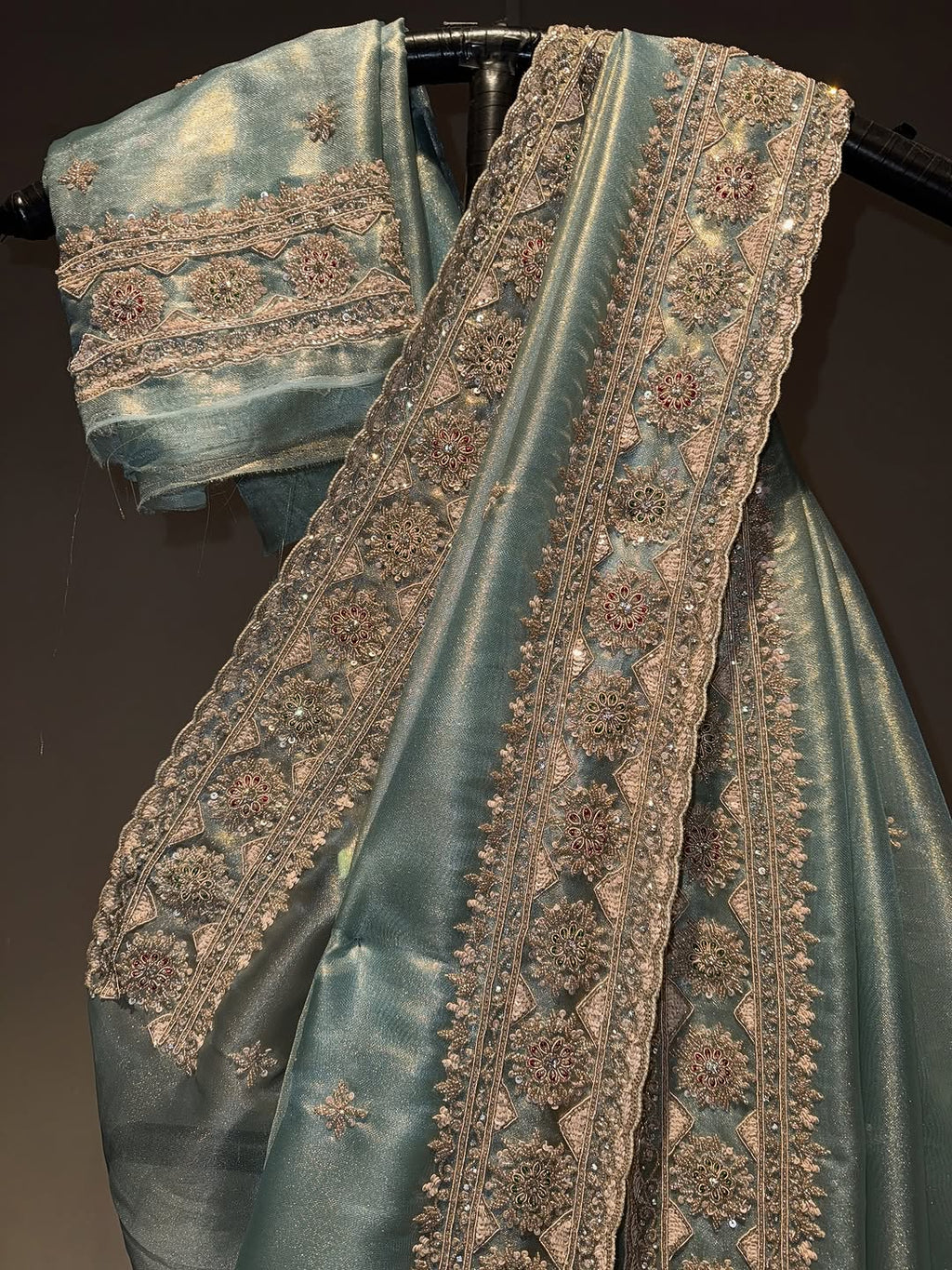 Powder Green Hand Embroidered Tissue Organza Silk Saree