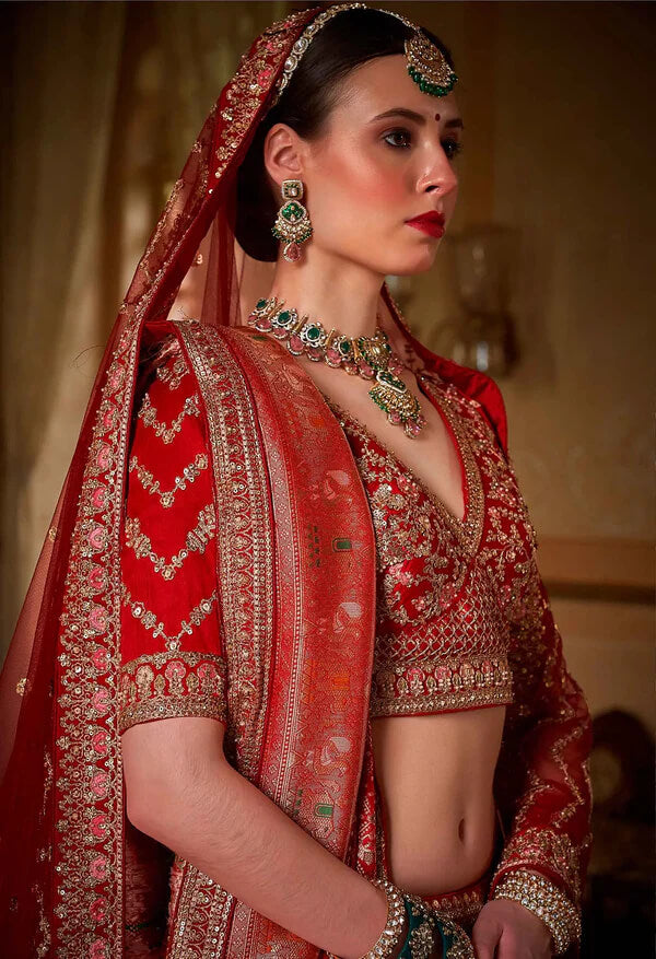 Designer Red Lehenga Choli with Pearl Embellishments