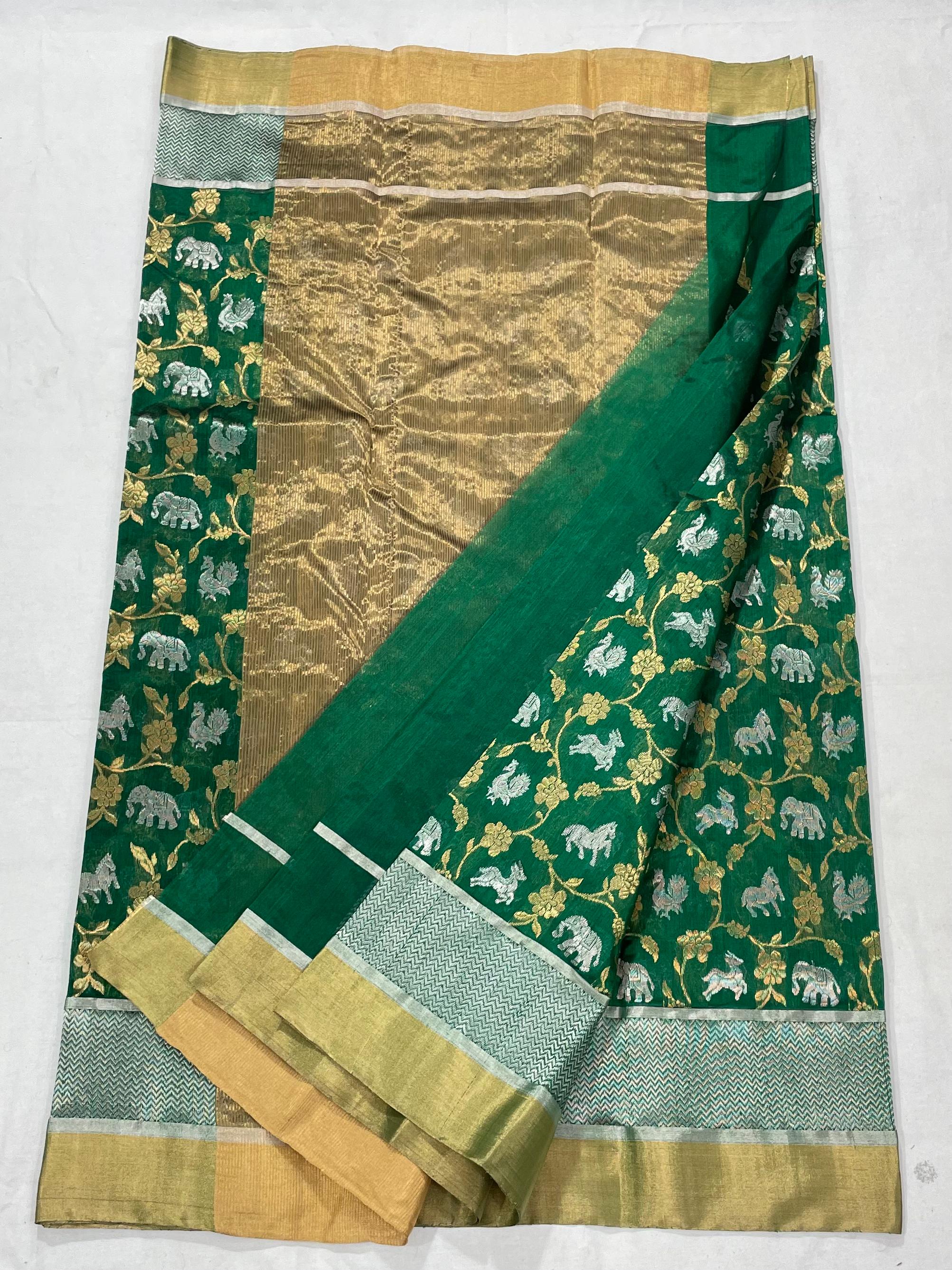 Grøn Chanderi Håndvæv Pattu Silk Shikargah Håndværk Saree