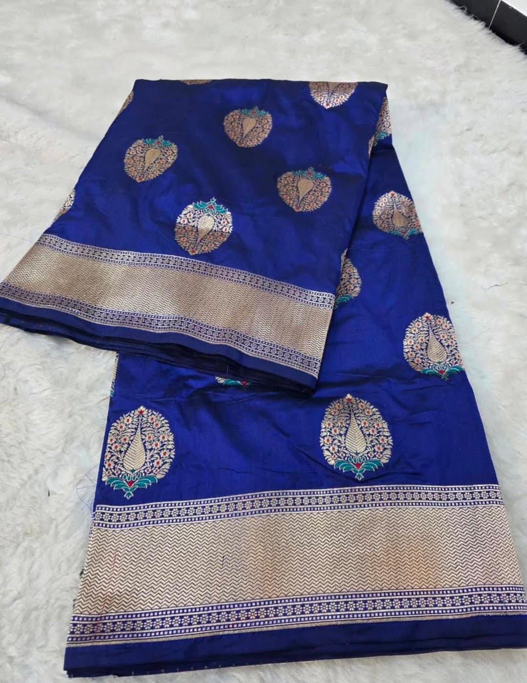Royal Blue Banarasi Håndvæv Katan Silk Meenakari Saree