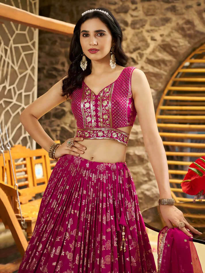 Rani Pink Jacquard Lehenga with Zari & Sequins Work