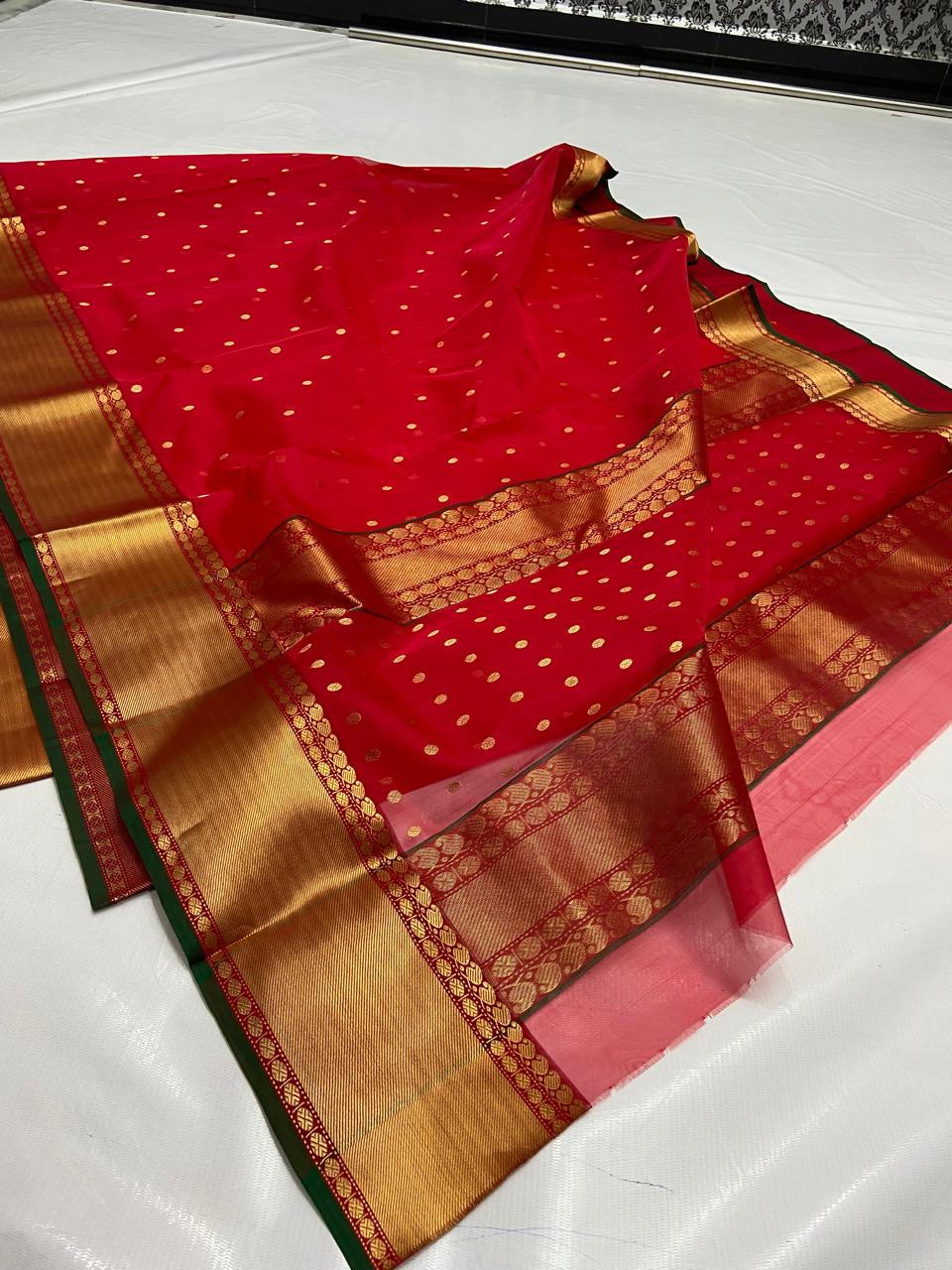 Red Chanderi Handloom Katan Silk Nakshi Saree