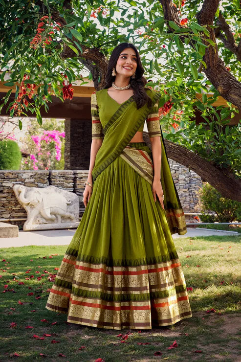 Olive Green Chanderi Silk Lehenga with Intricate Zari Work