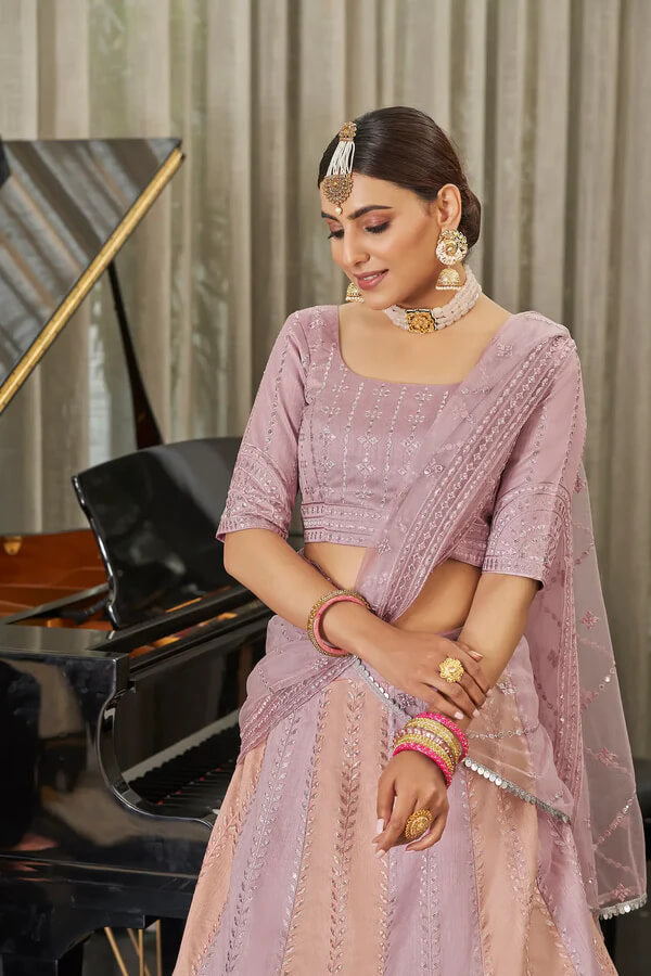 Peach Pink Art Silk Lehenga Choli with Sequins & Thread Work