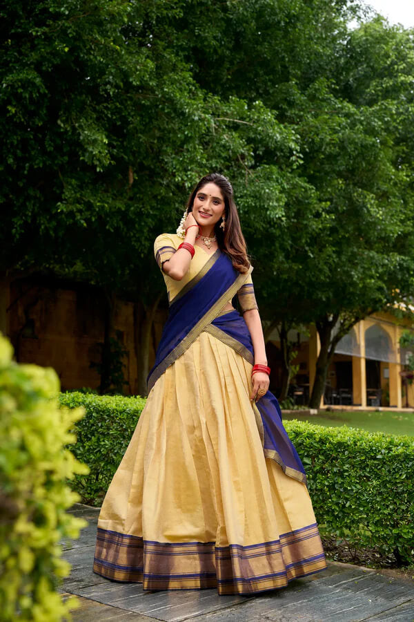 Traditional Zari Weaving Kanchipuram Lehenga in Beige & Blue