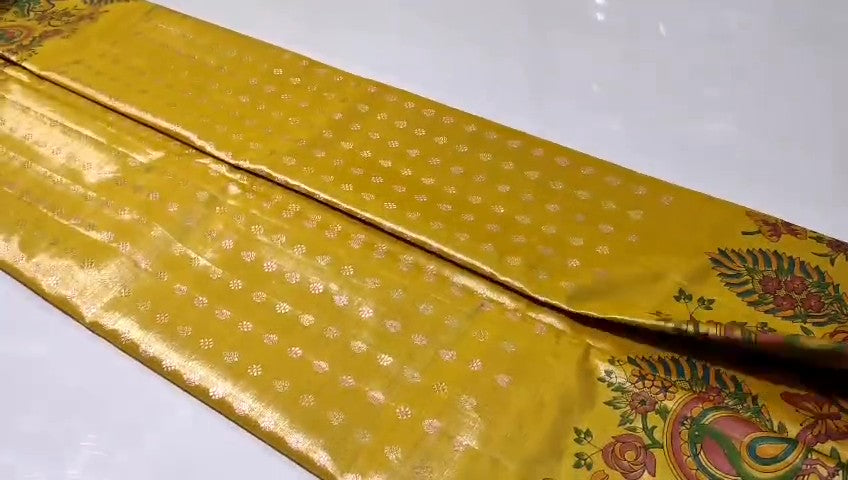 Golden Yellow Kanchipuram Handloom Kalamkari Tissue Silk Saree