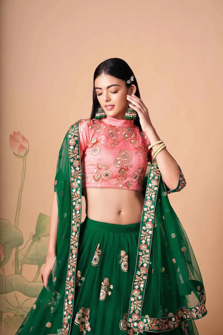 Green Net Lehenga with Zari, Sequins & Mirror Work