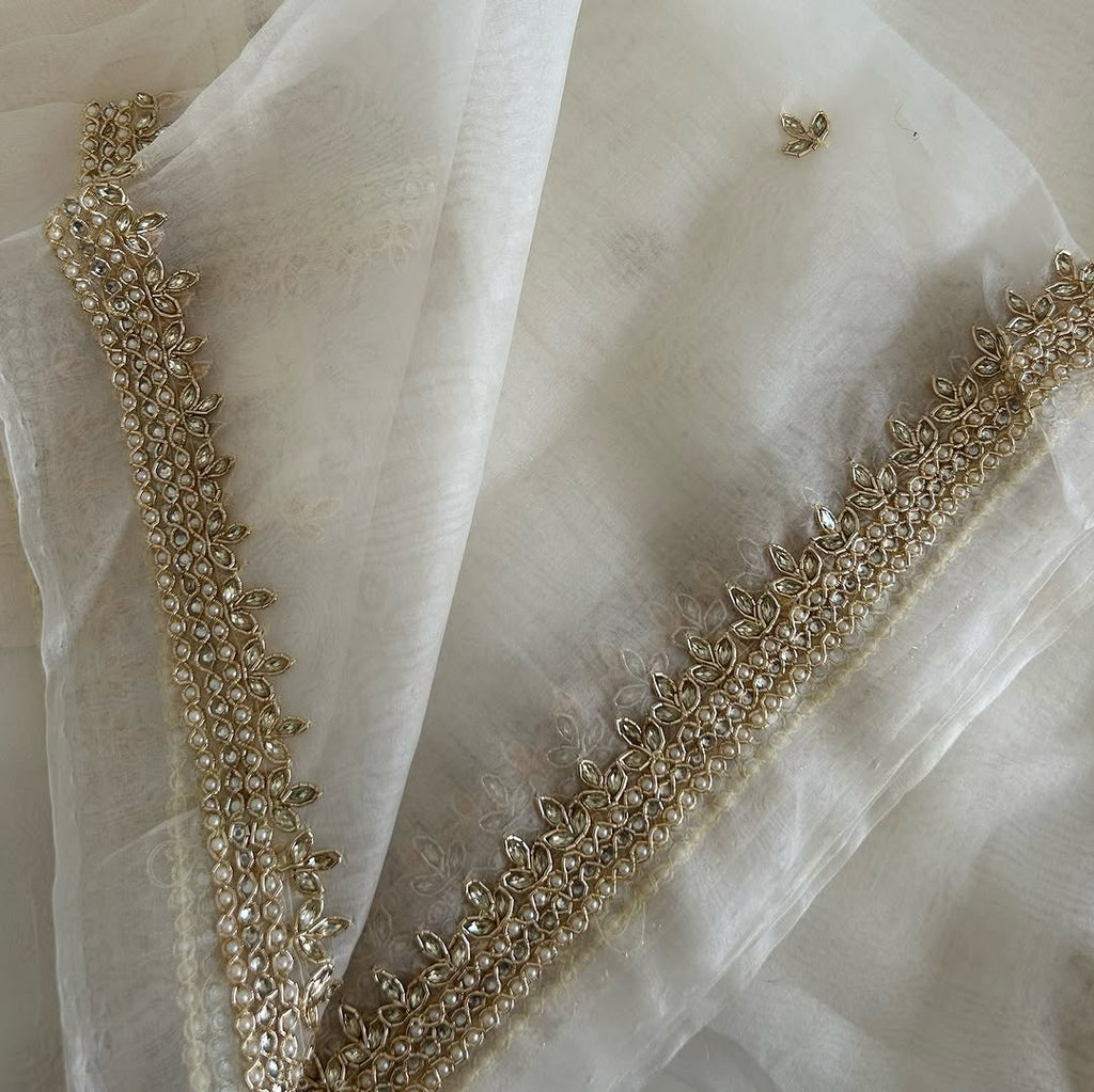 Pearl White Hand Embroidered Organza Silk Saree