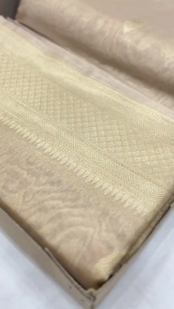 Metallic Gold Banarasi Handloom Tissue Silk Saree with Intricate Sona Rupa Gold and Silver Zari Work and Silk Mark Authenticity Tag.
