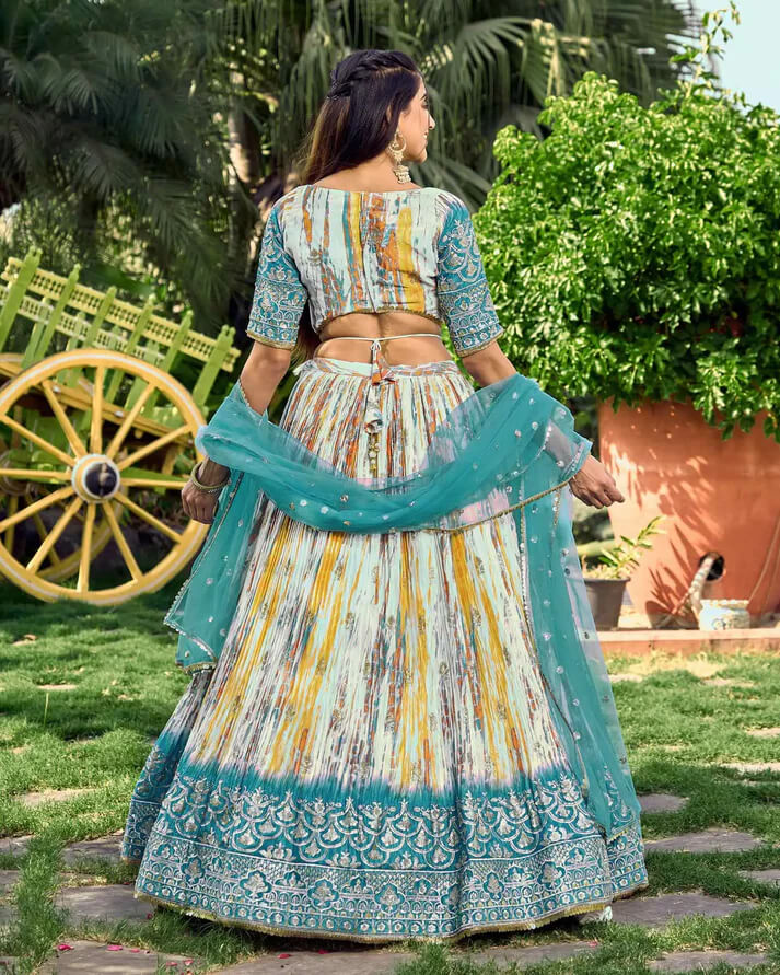 Sea Blue Designer Lehenga with Sequins, Zari & Digital Print