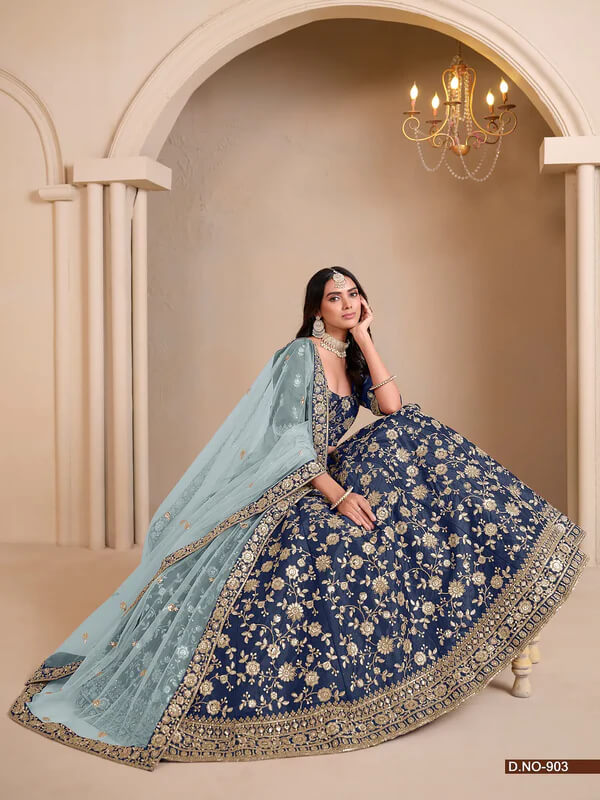 Dark Blue Art Silk Designer Lehenga Choli with Sequins Work