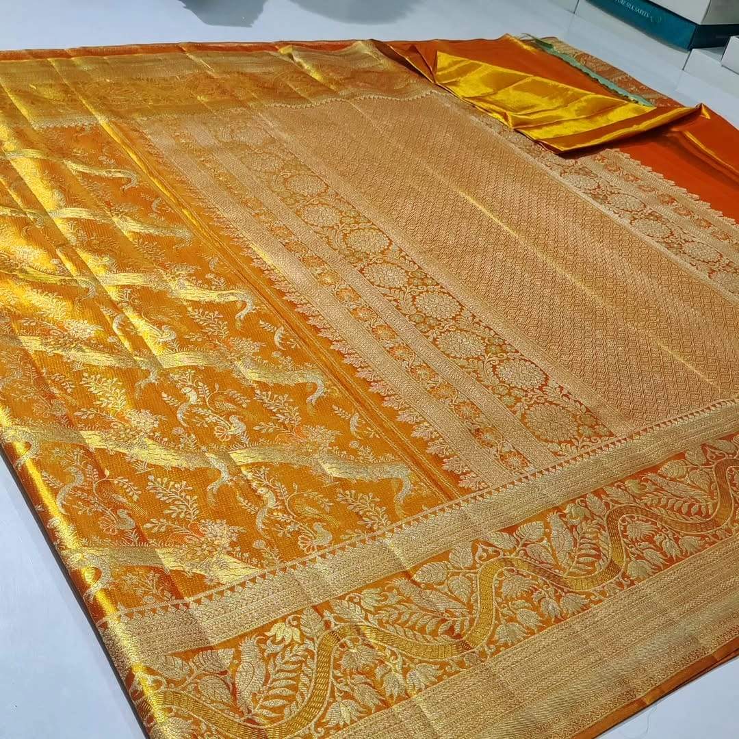 Orange Kanchipuram Handloom Tissue Brocade Silk Meenakari Saree