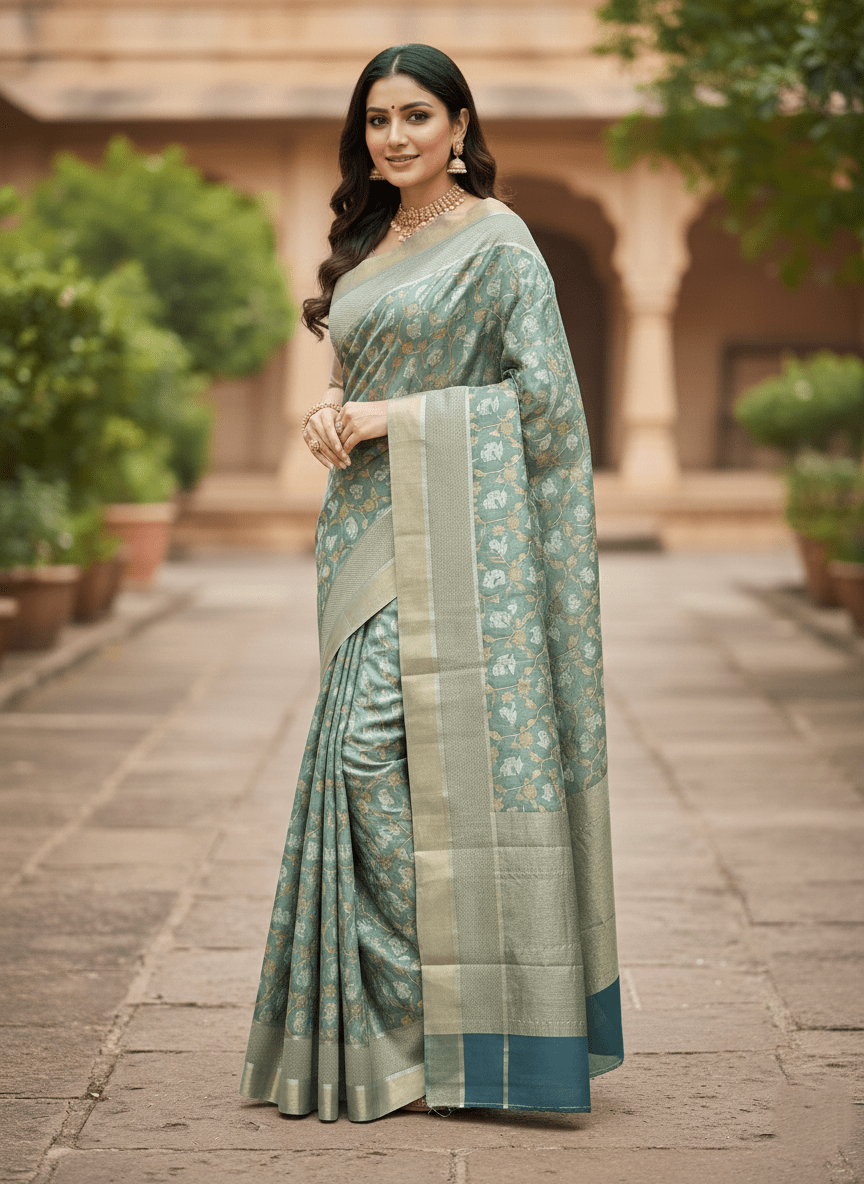 Sage Green Chanderi Handloom Pattu Silk Shikargah Handwork Saree