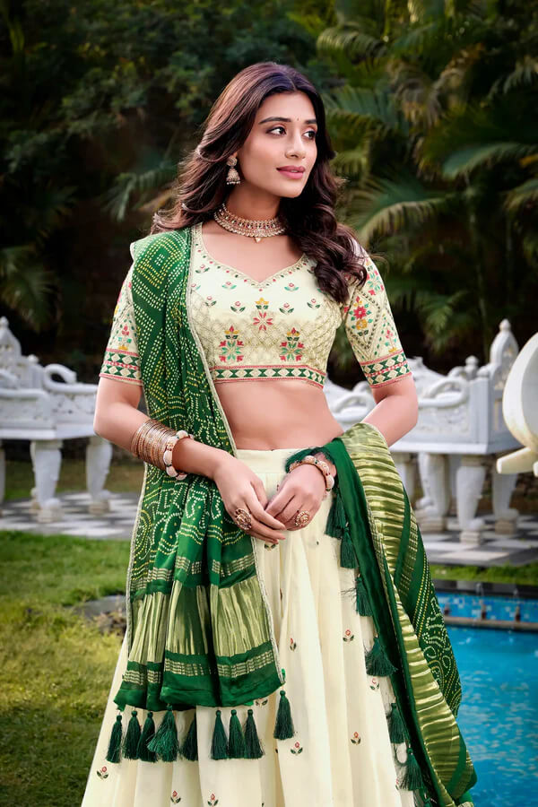 Festive Khadi Cotton Lehenga Choli in Off White with Green Dupatta