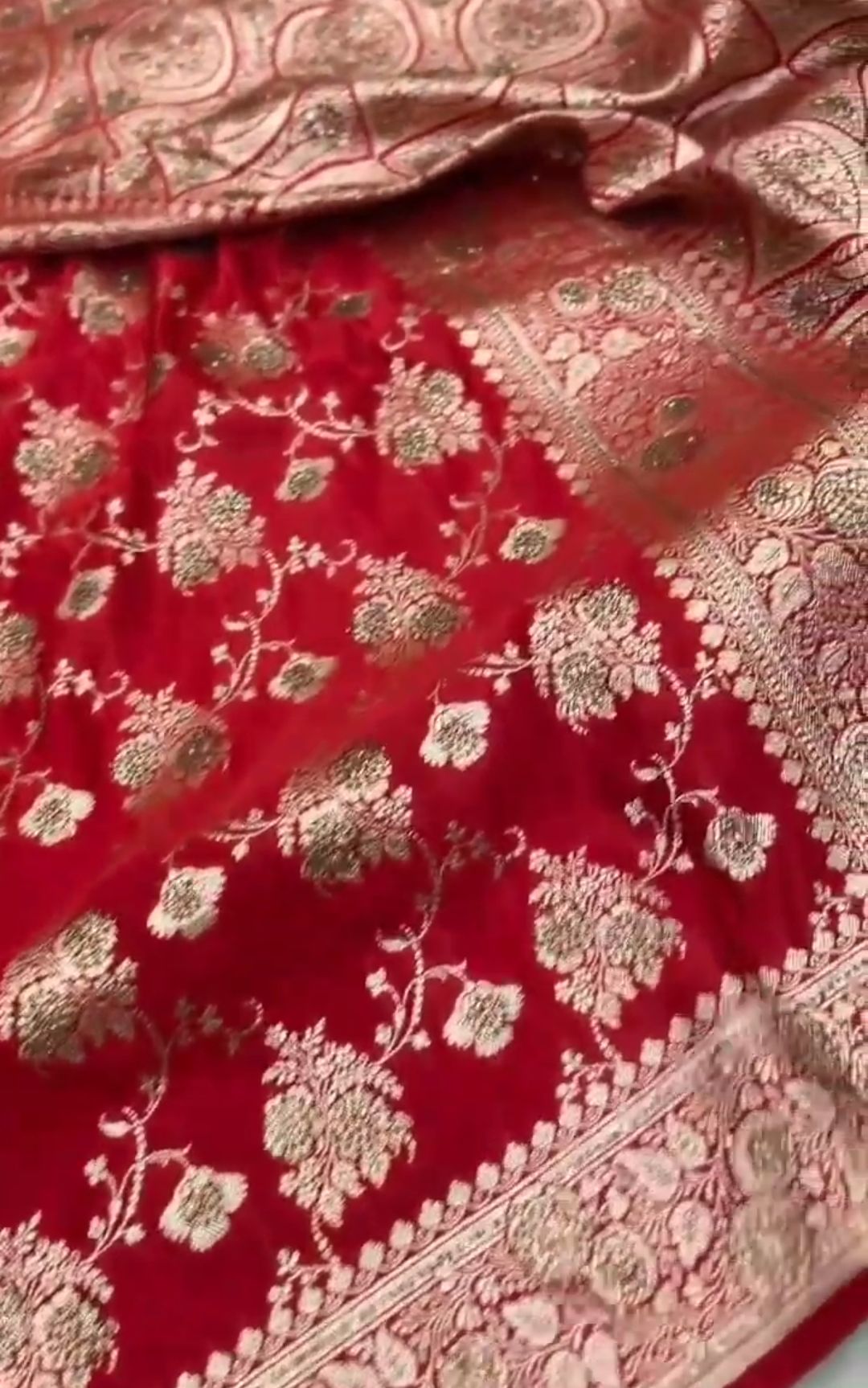Red Banarasi Satin Katan Silk Swarovski Jangla Saree