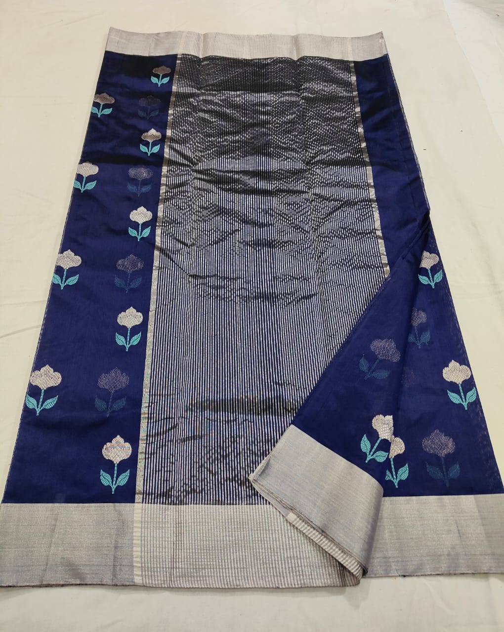 Midnight Blue Chanderi Handloom Pattu Silk Meenakari Saree