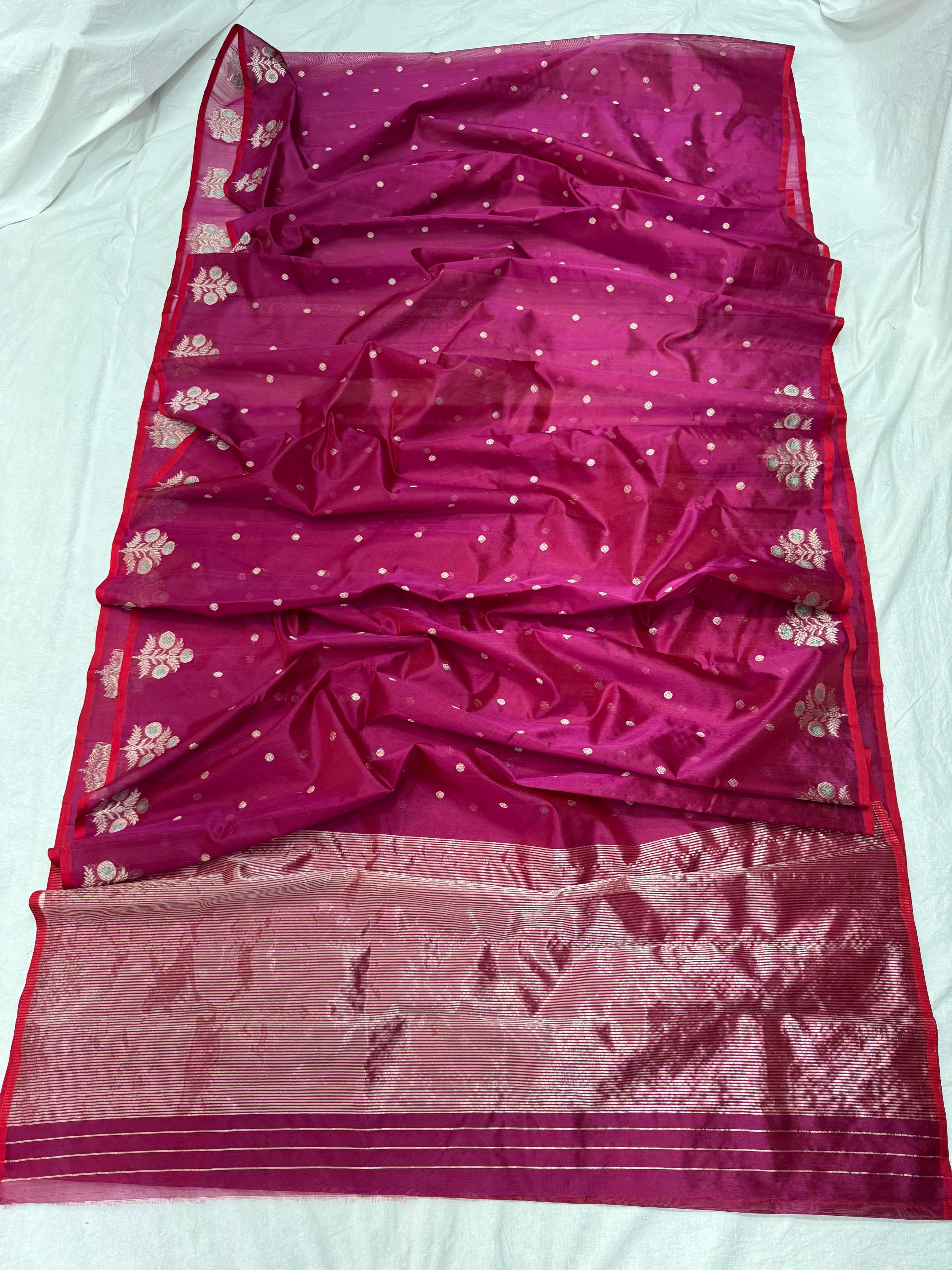 Hot Pink Chanderi Handloom Pattu Silk Meenakari Saree