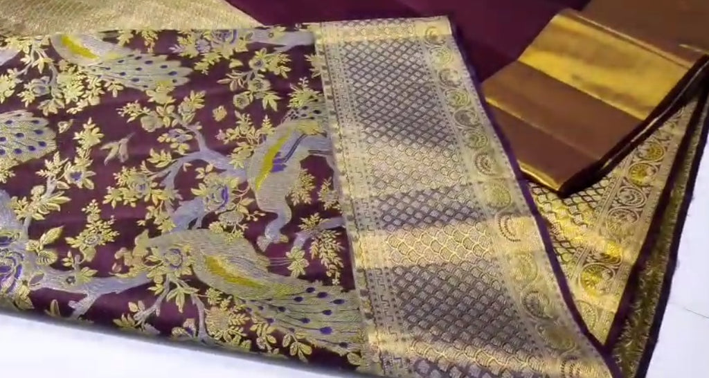 Wine Kanchipuram Handloom Tissue Brocade 1G Gold Bridal Saree