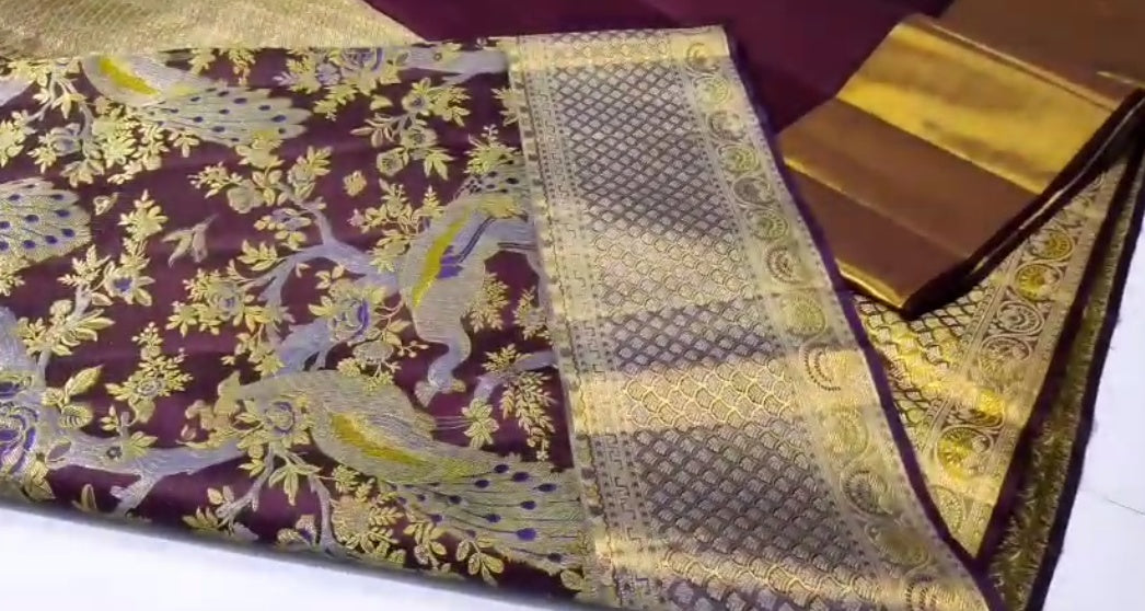 Wine Kanchipuram Handloom Tissue Brocade 1G Gold Bridal Saree