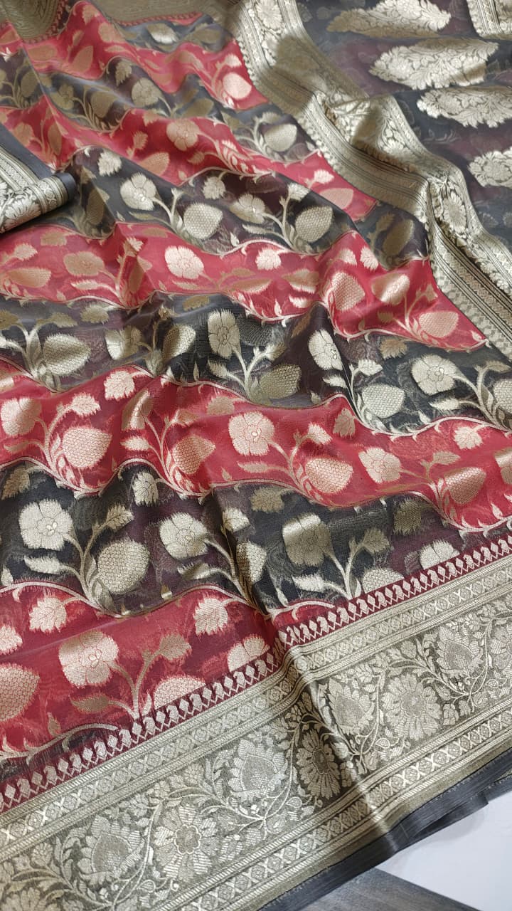 Dark Grey Banarasi Handloom Rangkat Kora Tissue Silk Saree