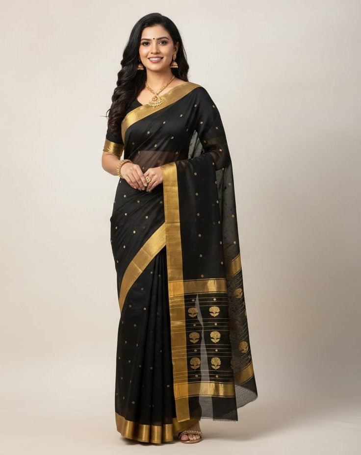 Black Chanderi Handloom Katan Silk Saree