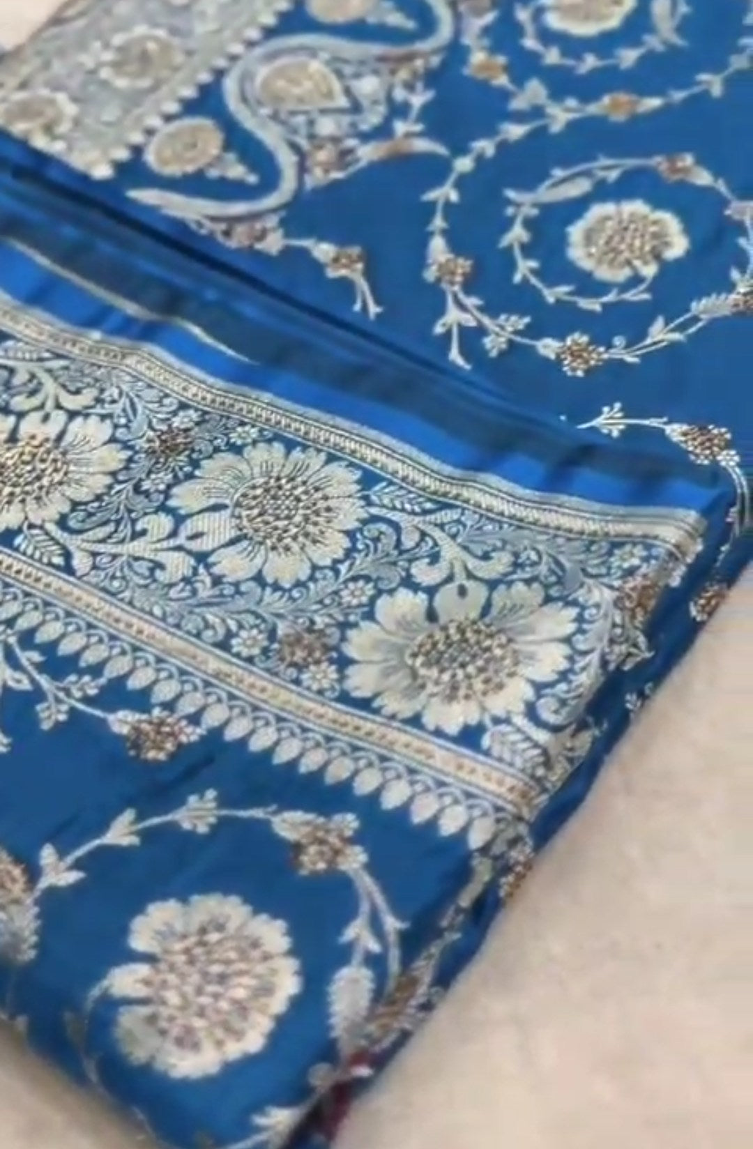 Royal Blue Banarasi Satin Katan Silk Swarovski Jangla Saree
