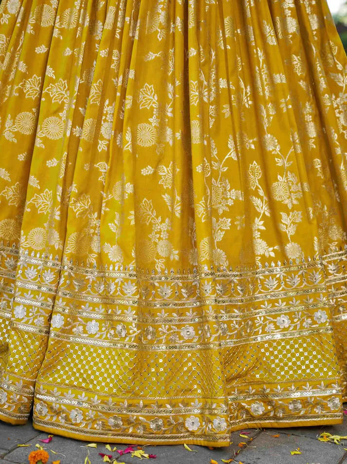Yellow Jacquard Lehenga with Zari & Sequins Work