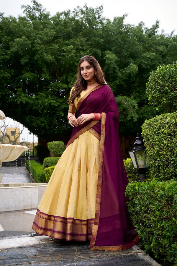 Classic Beige & Wine Zari Woven Silk Lehenga for Weddings