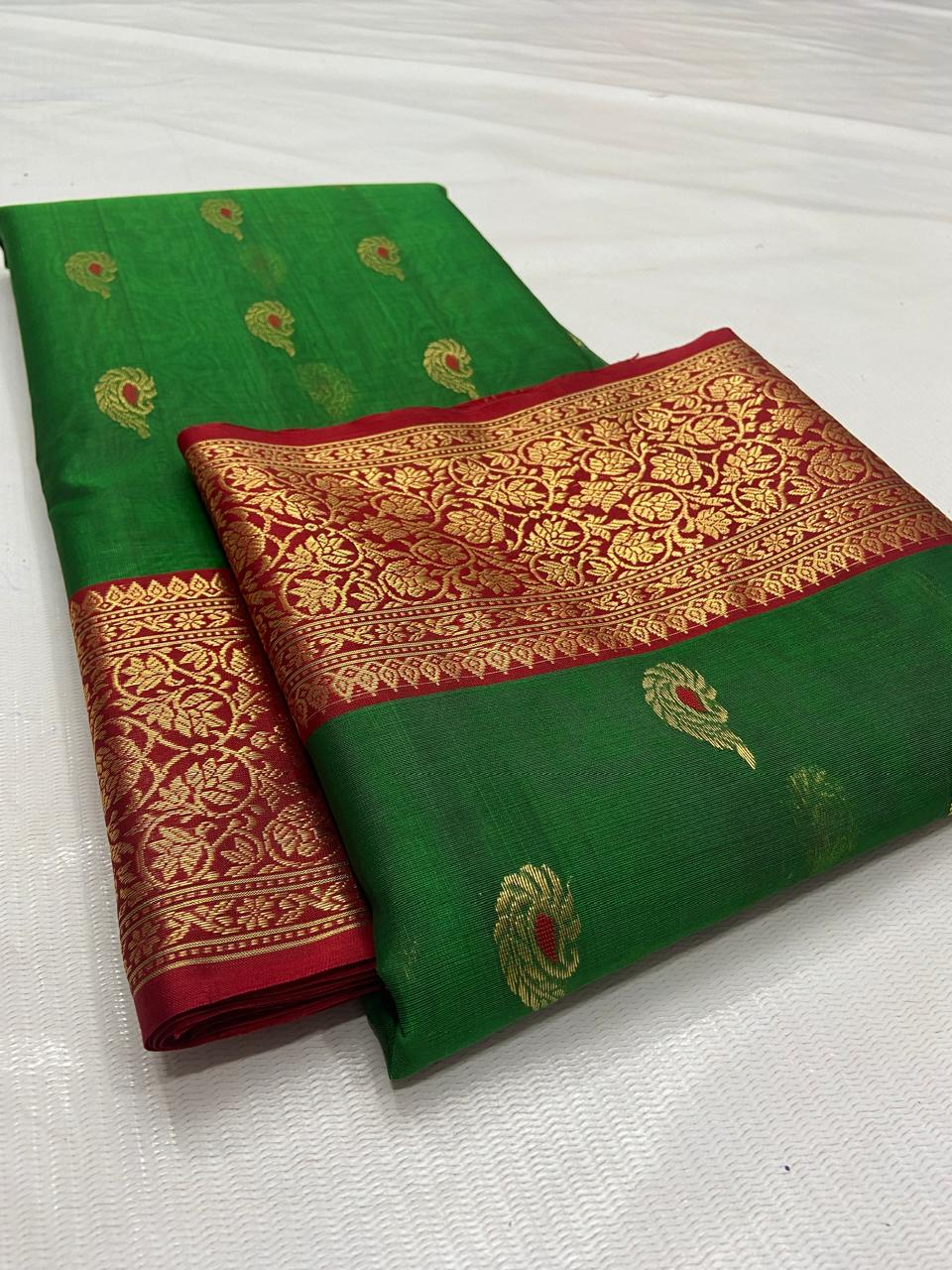 Green Chanderi Handloom Katan Silk Meenakari Saree
