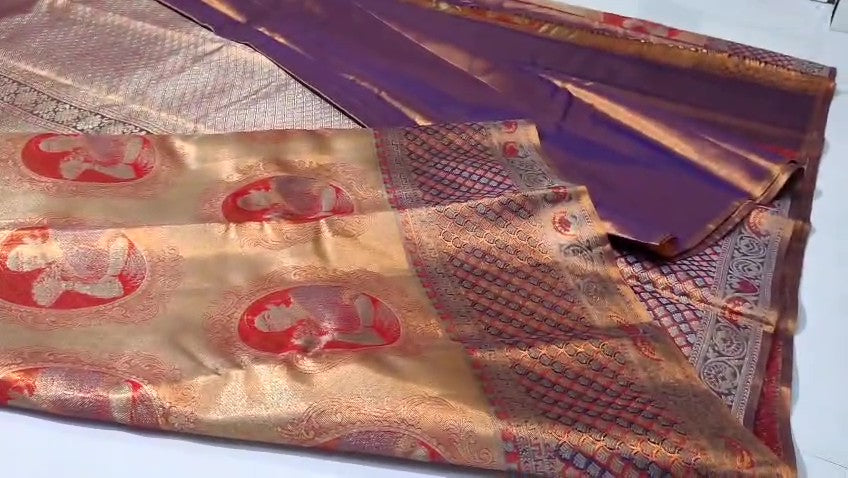 Coral Kanchipuram Handloom Tissue Brocade Meenakari Silk Saree