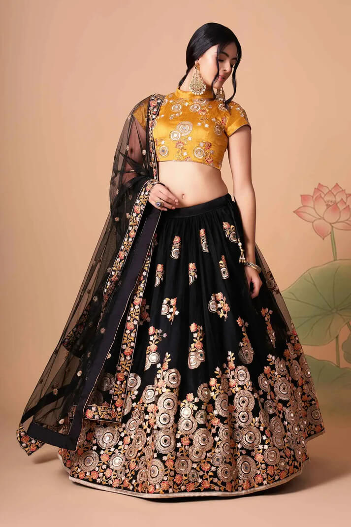 Black Net Lehenga with Zari, Sequins & Mirror Work