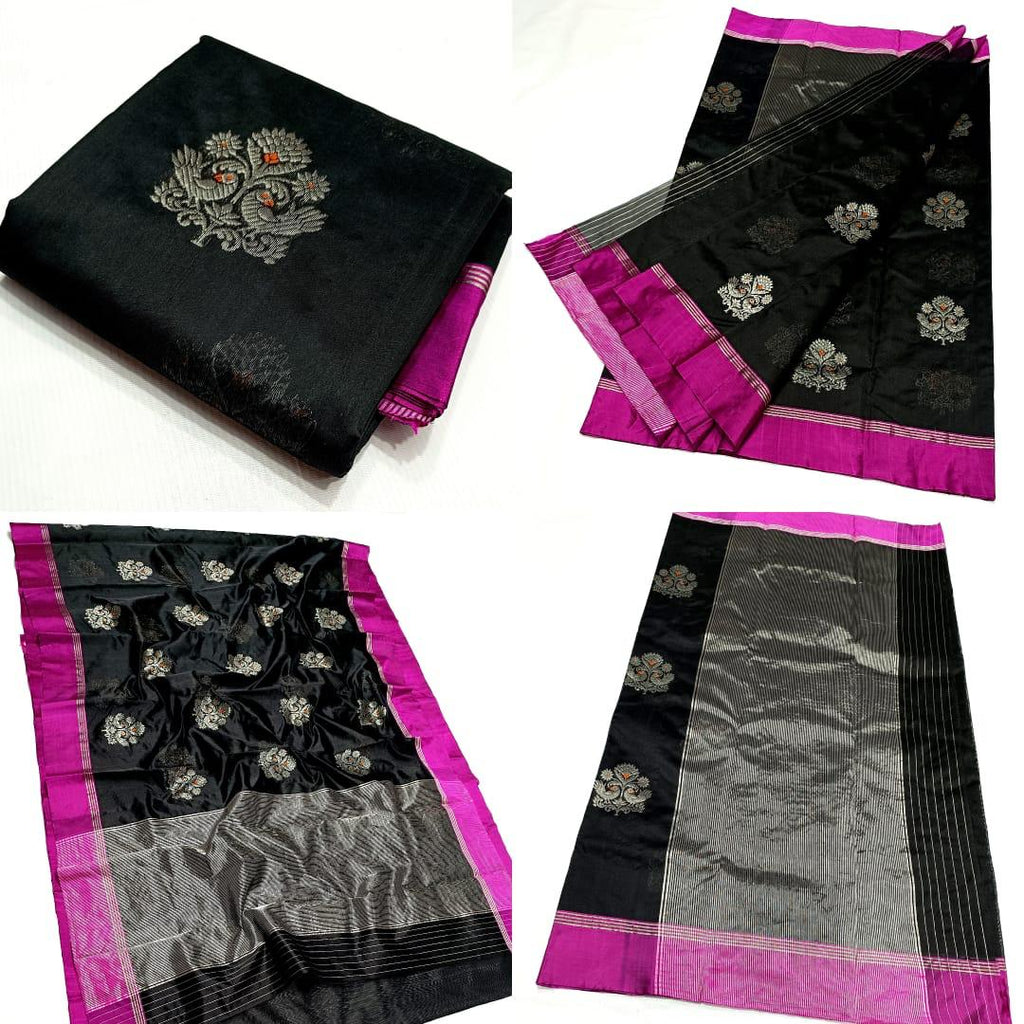Black Chanderi Handloom Pattu Silk Eknal Buttas Saree