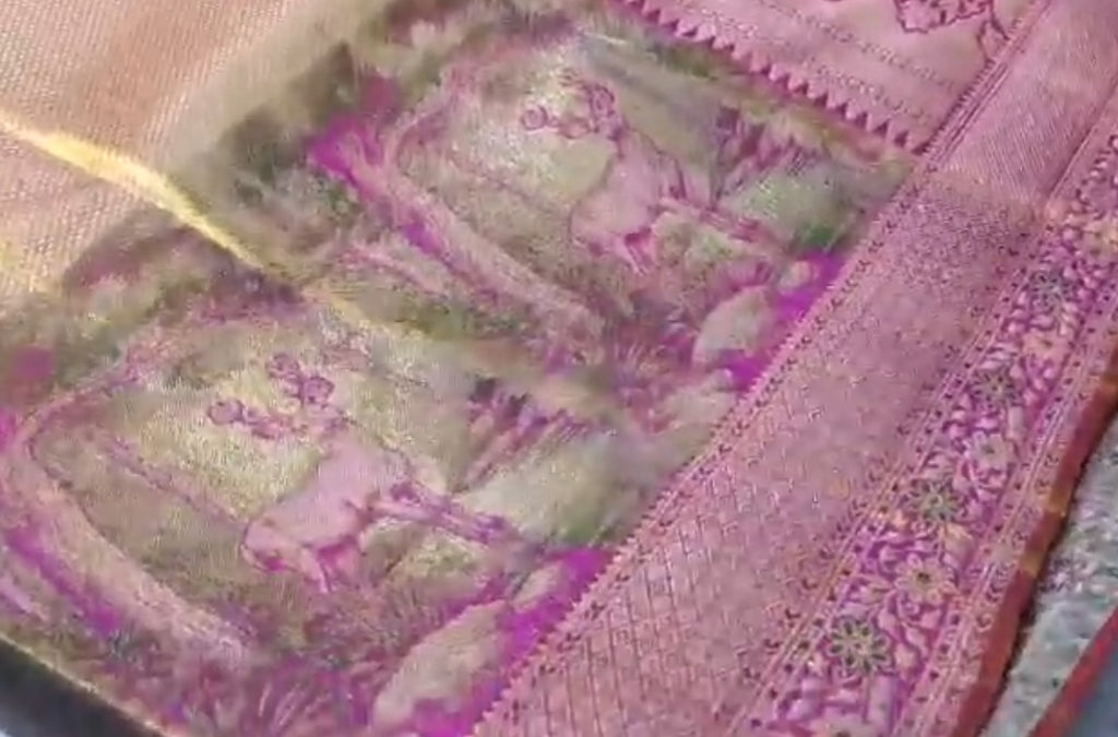 Gold and Hot Pink Kanchipuram Handloom Tissue Brocade Silk Saree