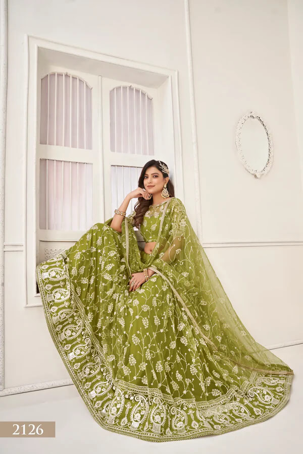Olive Green Net Lehenga Choli with Zari & Sequin Embroidery